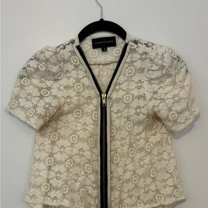 Corey Lynn Calter Cream Blouse with Mandarin Collar and Short Sleeves